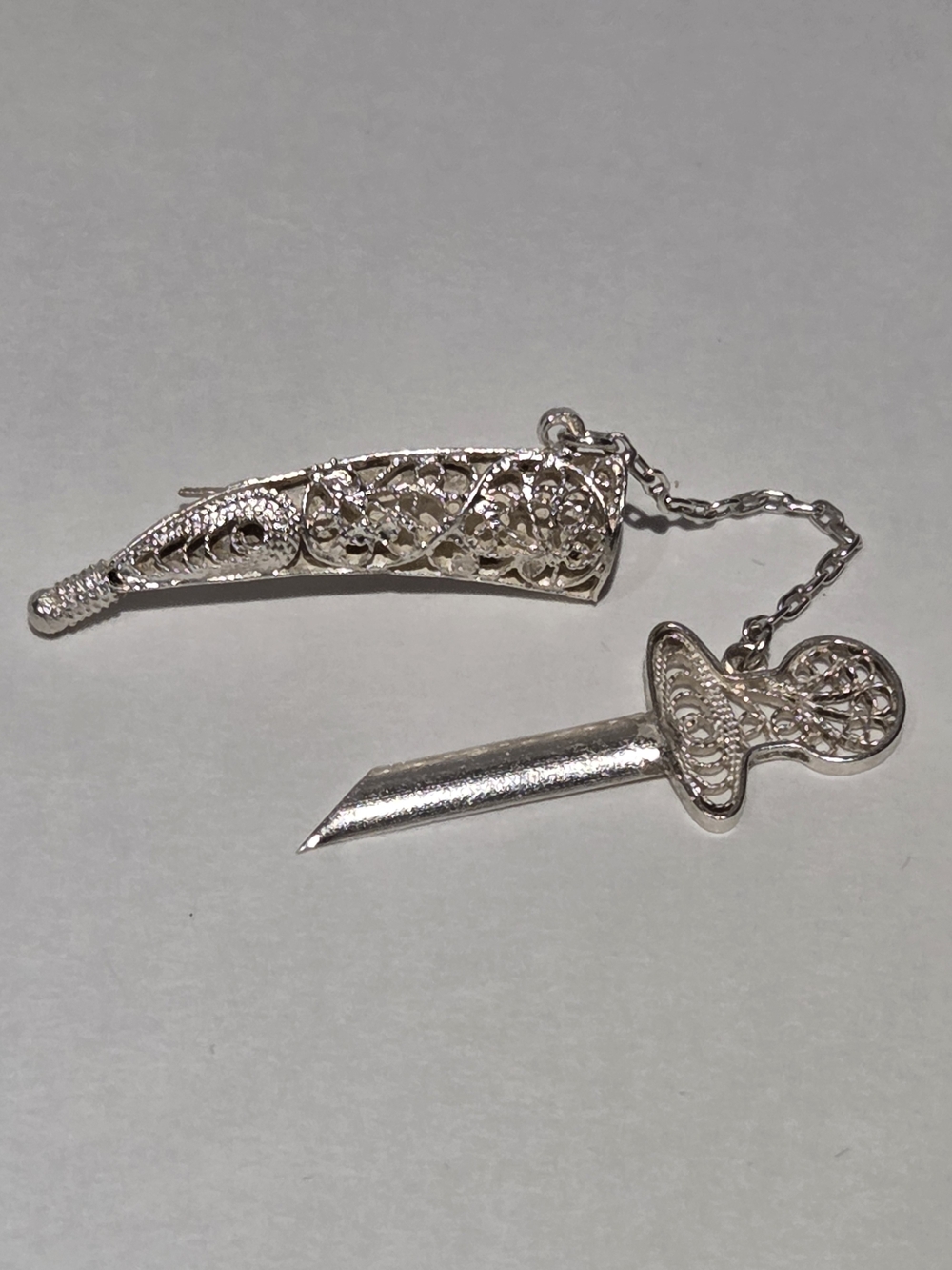 Sterling Silver Filigree Dagger Pendant Pin - Silver